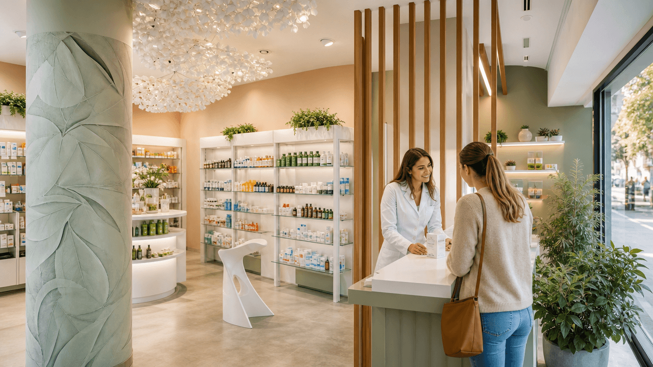 Interno parafarmacia moderna progettata da Sartoretto Verna